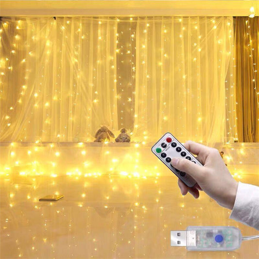 3*3m LED Copper Wire Curtain Light Christmas Holiday Decoration USB Eight-Function Remote Control Colored Light String