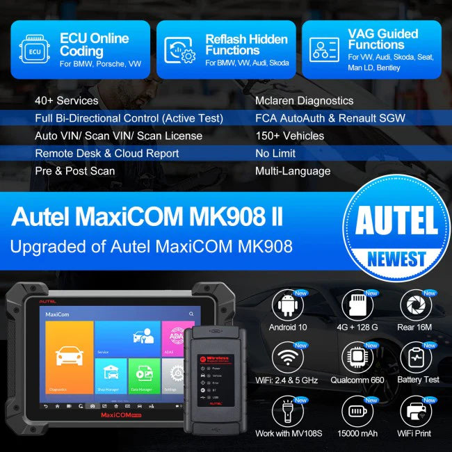 Autel MaxiCOM MK908 II scanner, ECU coding, 38+ services, 3K+ bidirectional tools, OS 10, OE all systems, Auto Scan 2.0