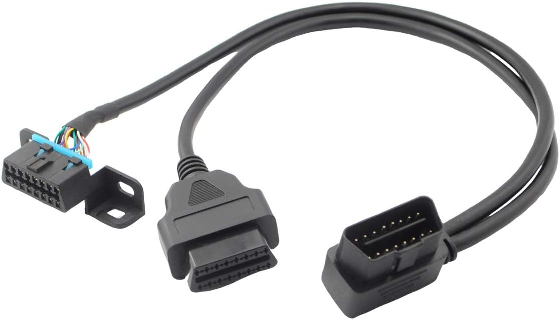 iKKEGOL Right Angle Universal OBD2 OBD II 16 Pin Splitter Y Open Cable, J1962 1 Male to 2 Female Connector with Underdash Mount Bracket for GPS Tracker Device 50cm/20