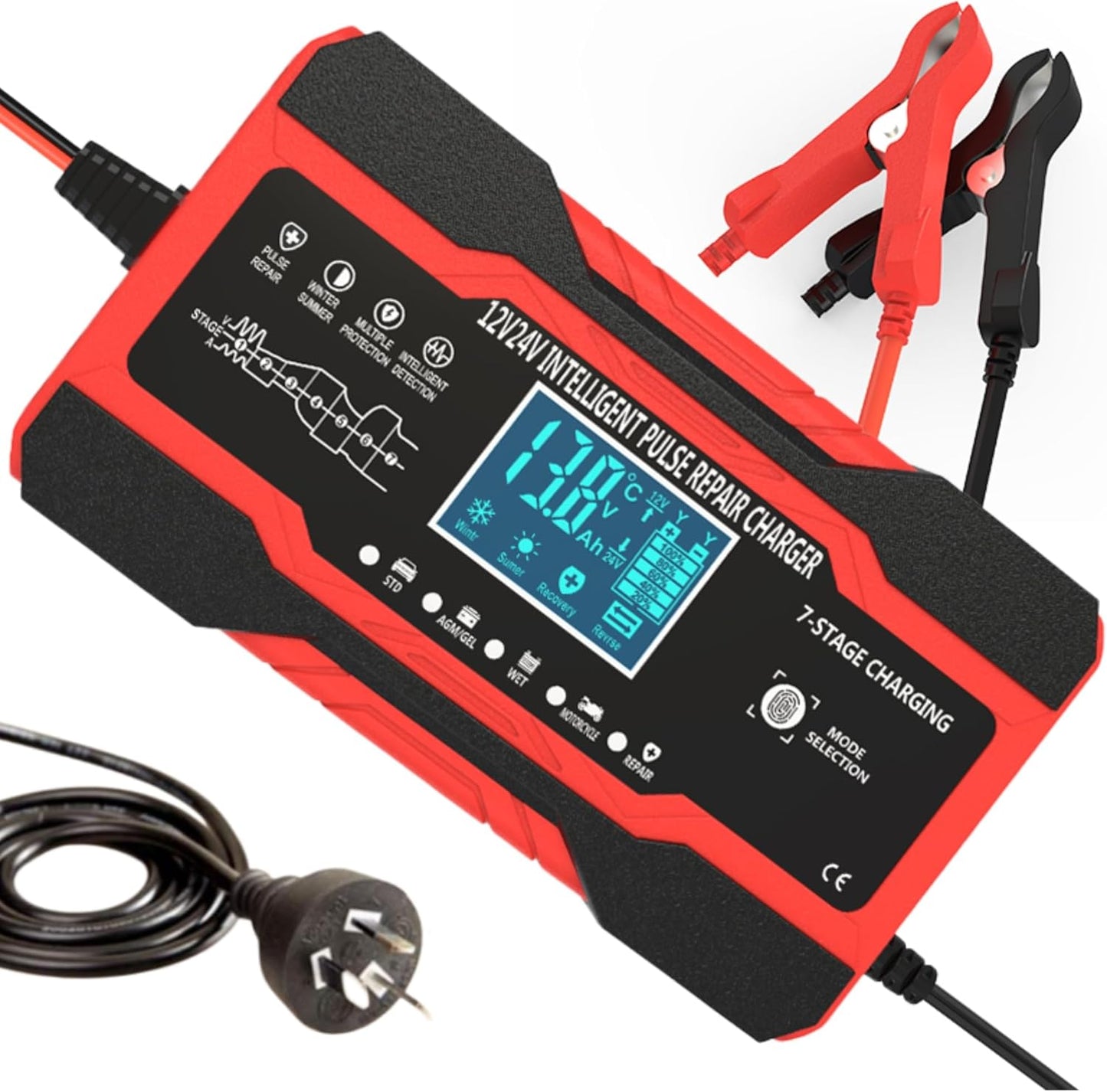 Car Battery Charger 10-Amp, 12V and 24V Smart Car Battery Charger AU Plug,Trickle Charger for Car - Smart Fully-Automatic Battery Maintainer with Temperature Compensation and LCD Display