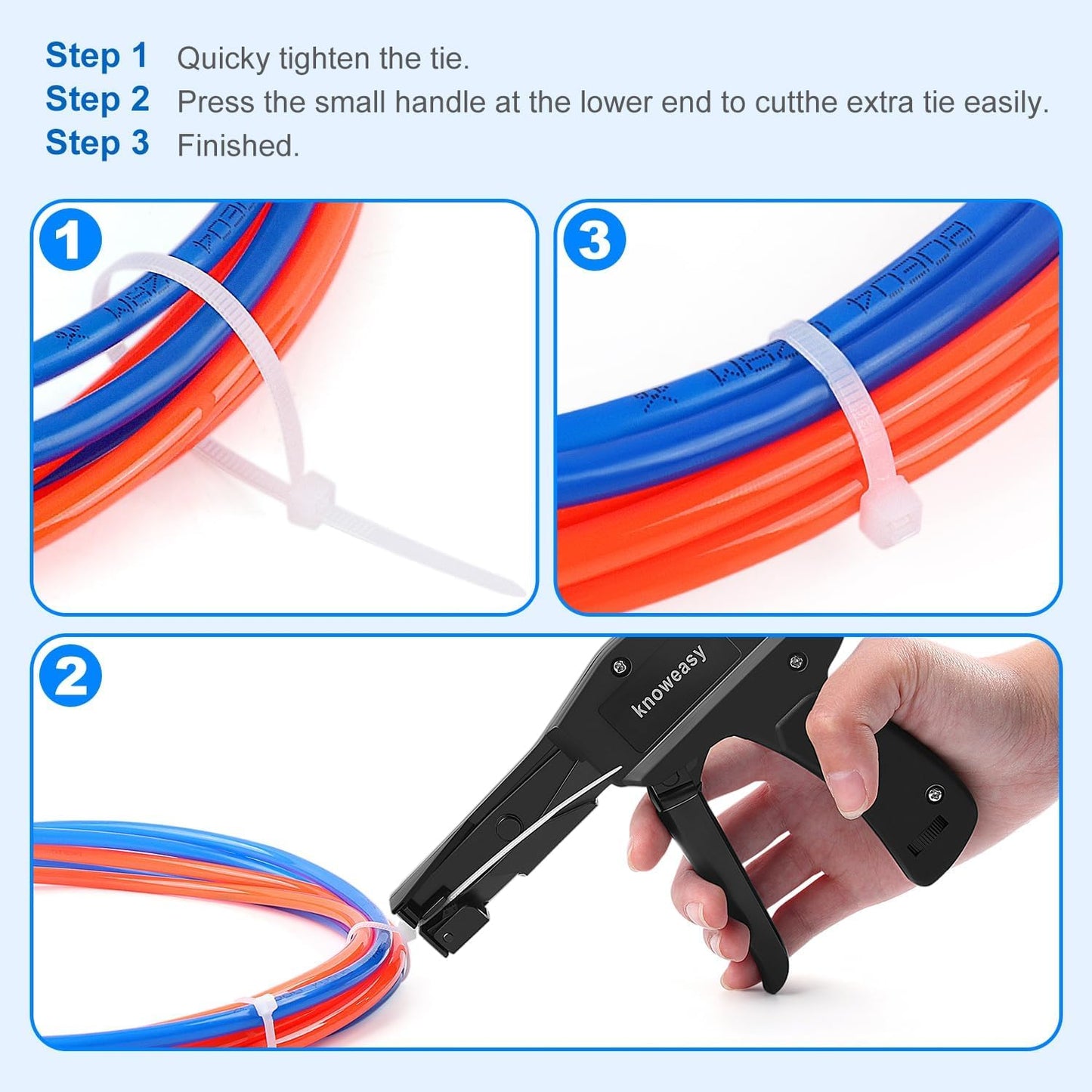 Knoweasy Cable Tie Gun and Cable Tie Tool- Fastening and Flush Cutting Tool with Steel Handle Zip Tie Tool for Nylon Cable Ties