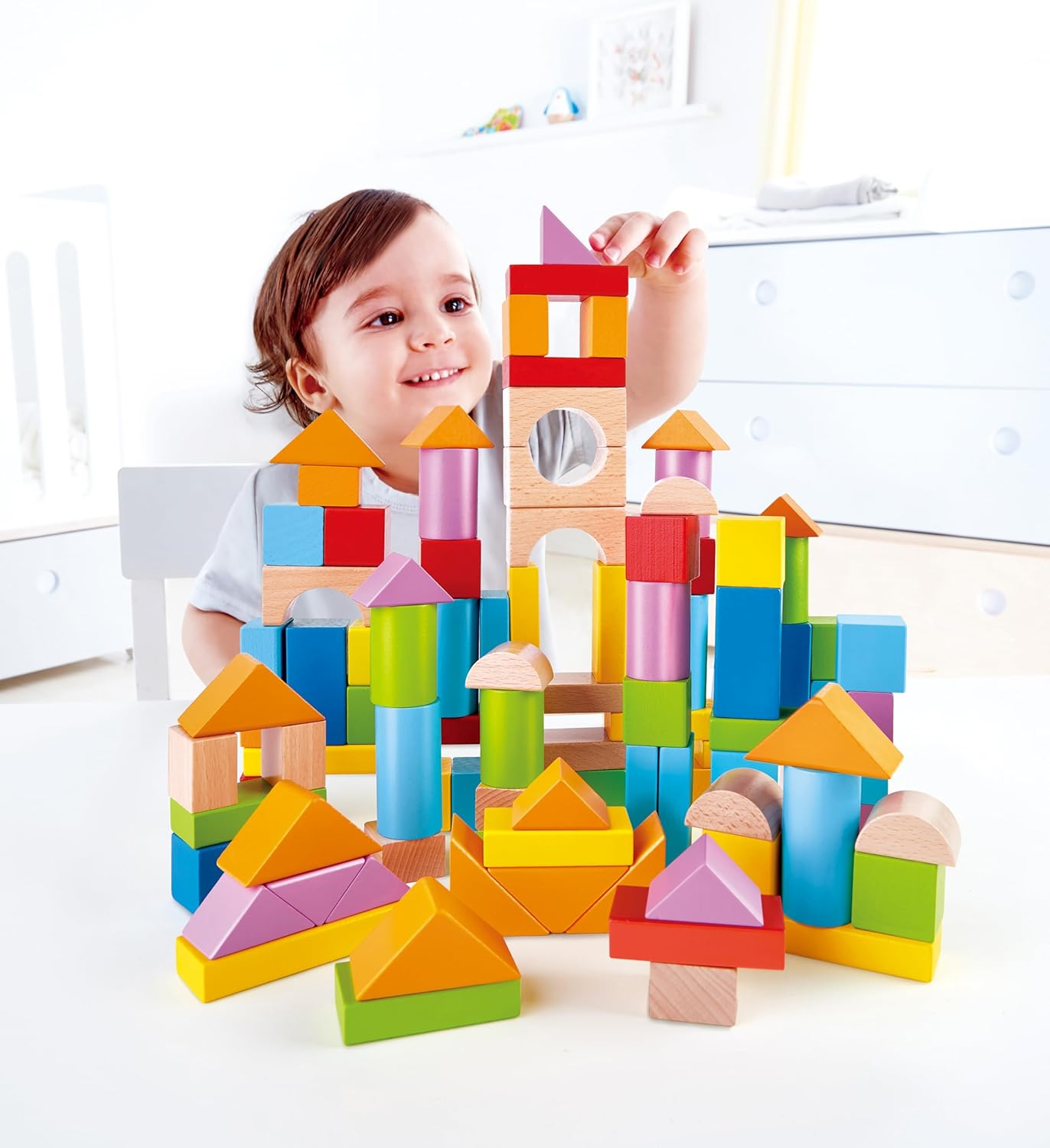 Hape Educational Wooden Beech Blocks Set – 101-Piece Toy for Babies and Toddlers 12+ Months – Shape, Colour and Creativity Development – Includes Sorting Lid and Storage Box