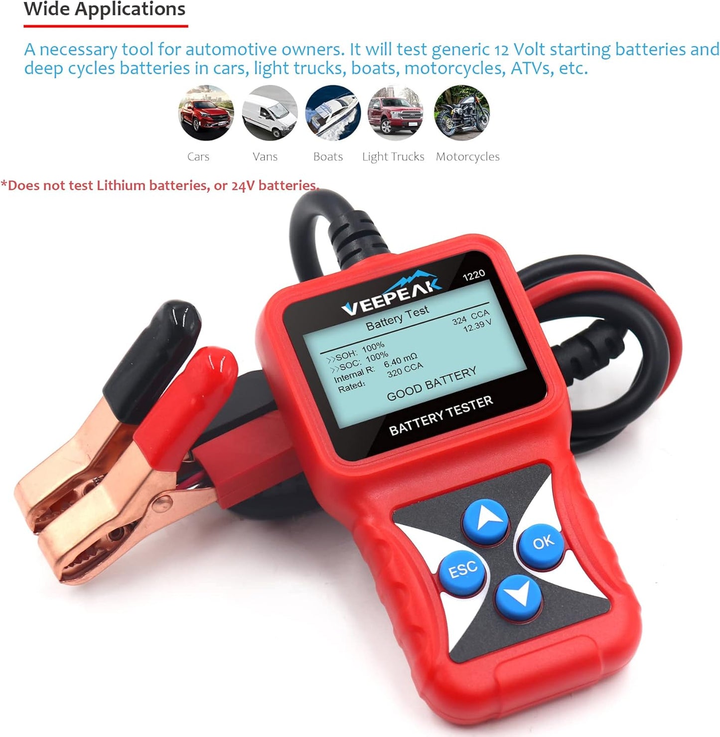 Veepeak 12V Car Battery Tester, Automotive 100-2000 CCA Digital Battery Load Tester Alternator Analyzer Vehicle Charging & Cranking System Checker for Cars Trucks Motorcycles Boats ATVs