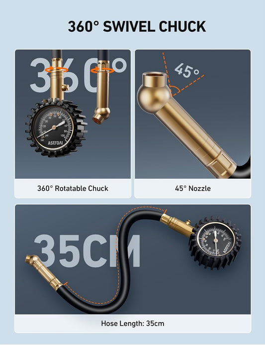 AstroAI Tire Pressure Gauge, 100 PSI Heavy Duty, Certified ANSI B40.1 Accurate with Large 2" Easy to Read Glow Dial, Durable Rubber Hose and Solid Brass Construction for Car Truck Motorcycle Tire
