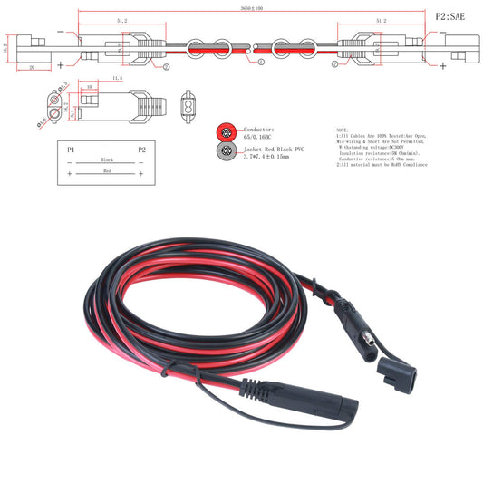 SAE to SAE 12V-24V Quick Disconnect Extension Cable 2 Pin with Dust Cap DC Connection Cord Plug 12 Feet 16AWG Gauge