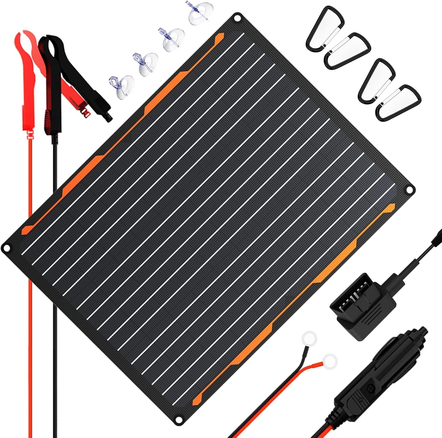 FlexSolar 20W 12V Solar Panel Battery Charger Maintainer Kits Trickle Charger with Built-in Charge Controller, Cig Plug, Alligator Clips, O-Rings OBDII Connector for Car, Truck,Boat,Tractor