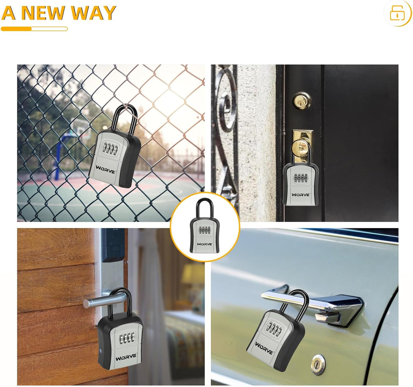 Worve Key Lock Box,Lock Box for House Key, 4-Digit Combination Security Lockbox, Portable Wall Mounted Storage Lock Box for Home, Office, Apartment Spare Key Storage (1 Pack, Black)