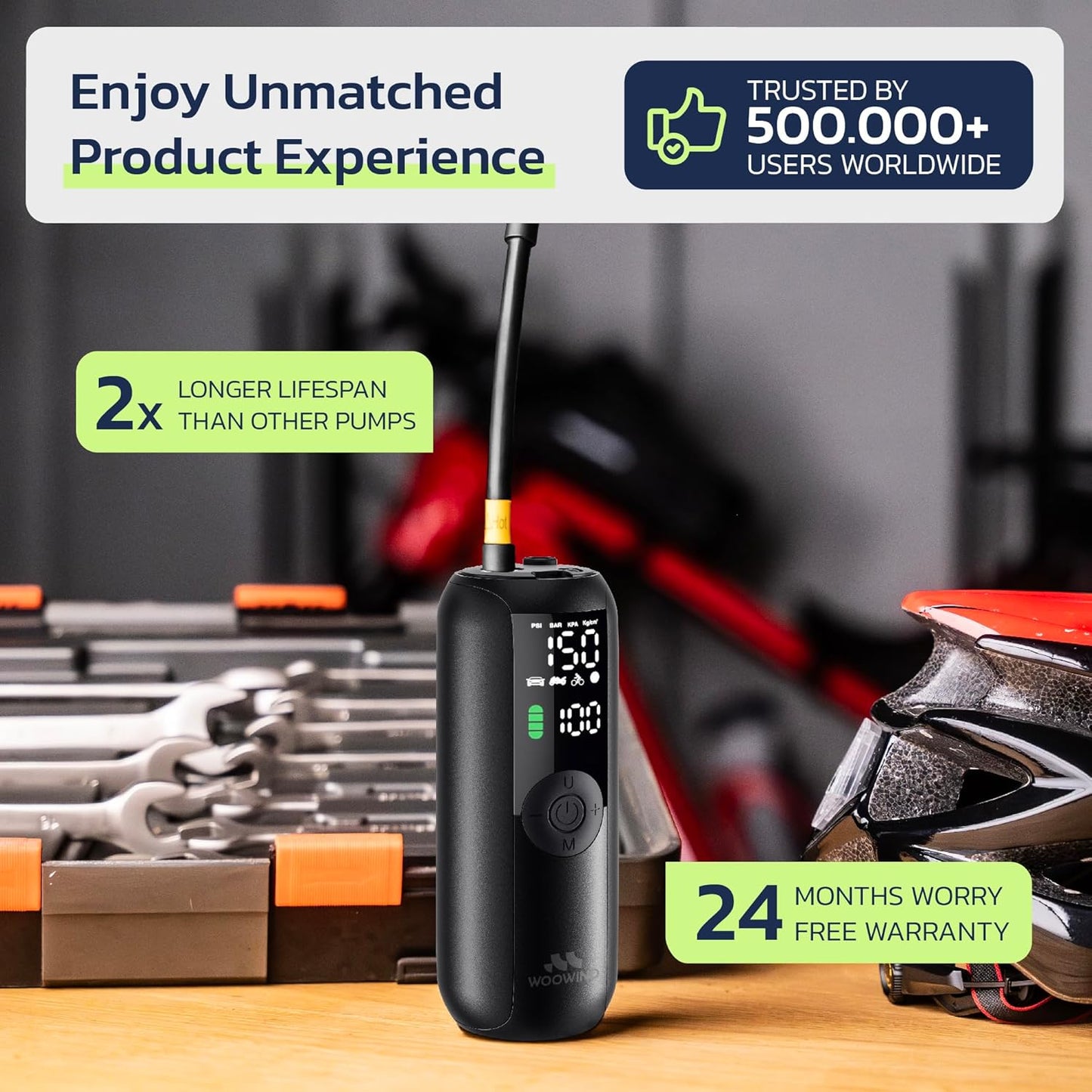 Woowind LP1 Bike Pump Portable Air Compressor, 1 Minute Inflation, 150PSl Bike Pump & Car Tire inflator Auto Shut-Off LED Light, Dual Valves -Compact with Digital Pressure Gauge for Cars, Bikes