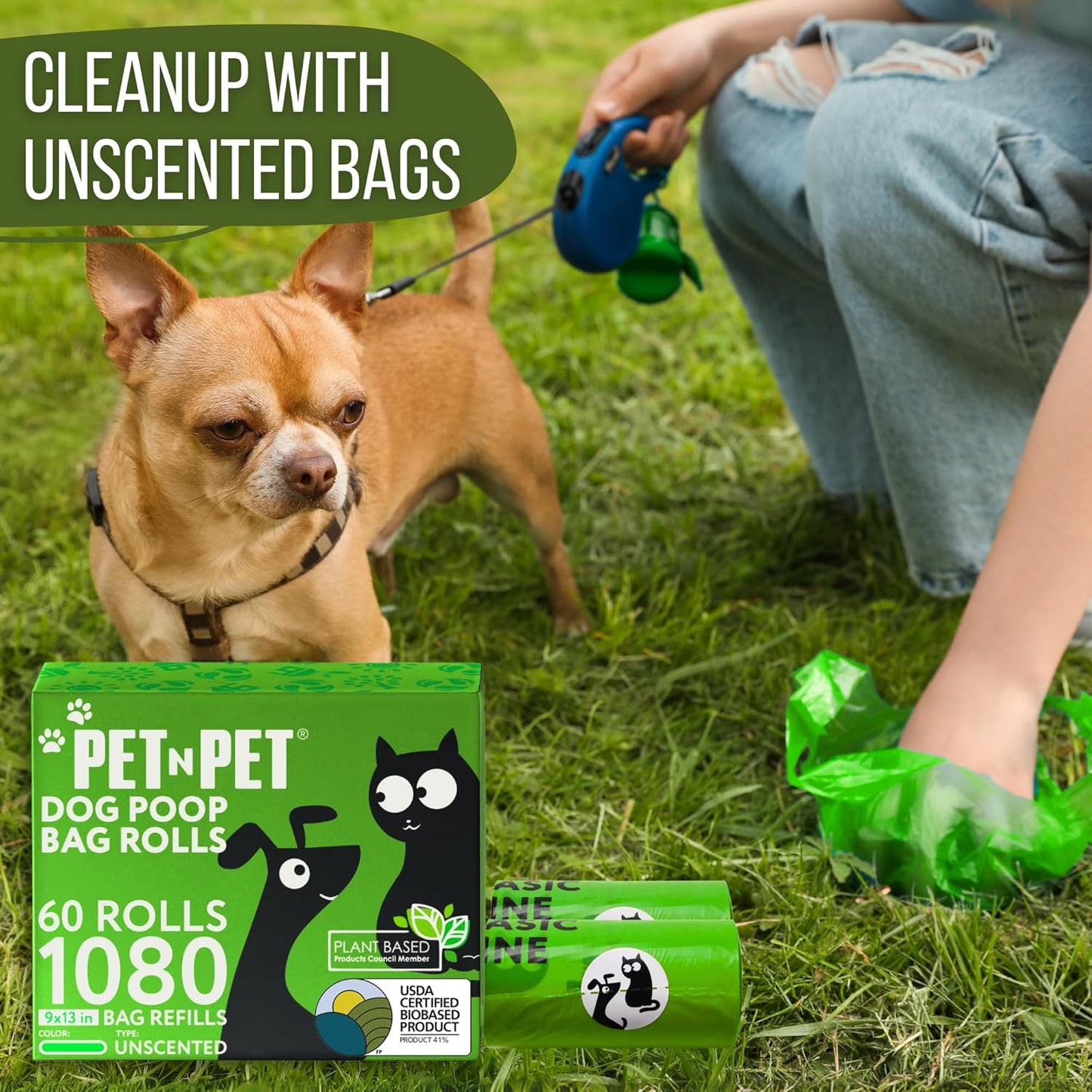 PET N PET 1080 Count Dog Poop Bags Plant Based 60 Rolls of Strong & Thick Dog Waste Poo Bags 9x13 Green Unscented Poop Holder