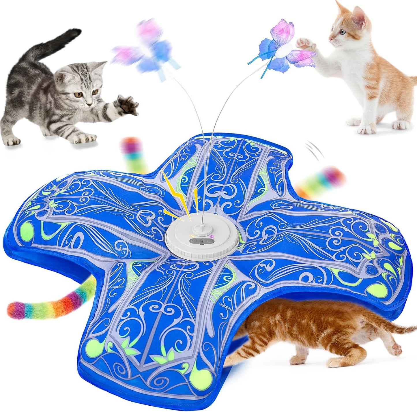 Interactive Cat Toys for Indoor Cats, Rechargeable Touch Activated Hide and Seek Kitten Toy with Fluttering (Blue Cover Cloth Toy)