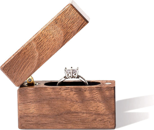 Wooden Engagement Ring Box Small Slim Flat Ring Case for Proposal,Wedding (Walnut Wood)