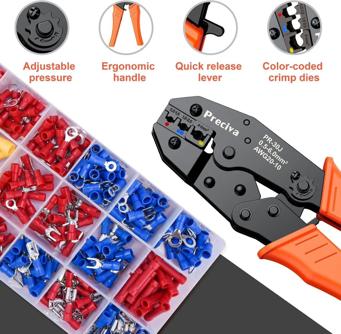 Preciva Crimping Pliers and Cable Lugs Set With 350 Pieces, Electrical Connector Crimp Connector Assortment 0.5-6 mm² for Insulated Cable Lugs