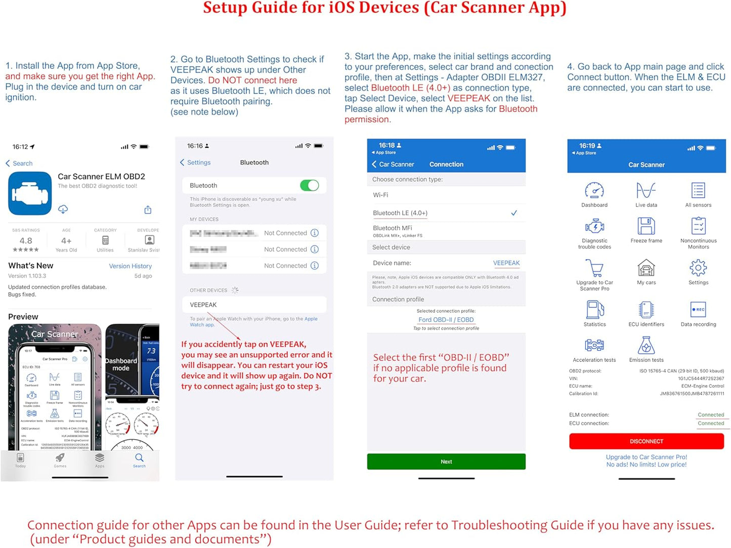 Veepeak OBDCheck BLE+ Bluetooth OBD2 Scanner Car OBD-II Diagnostic Scan Tool Check Engine Light Code Reader for iOS & Android