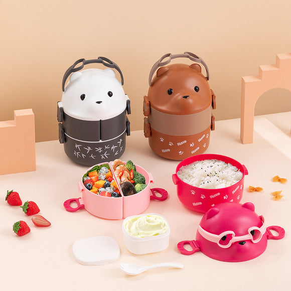 Glasses Bear Double-layer Portable Lunch Box Separated Layered Office Workers' Lunch Box Japanese-style Student Lunch Box Large Capacity