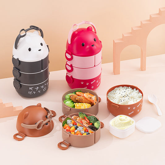 Glasses Bear Double-layer Portable Lunch Box Separated Layered Office Workers' Lunch Box Japanese-style Student Lunch Box Large Capacity