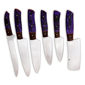 D2 Steel Chef Set Handmade Carbon Steel Knives 6-Piece Purple Resin Handle Razor Sharp Walnut Wood Bolster Best Gift (Chef Knife-83)