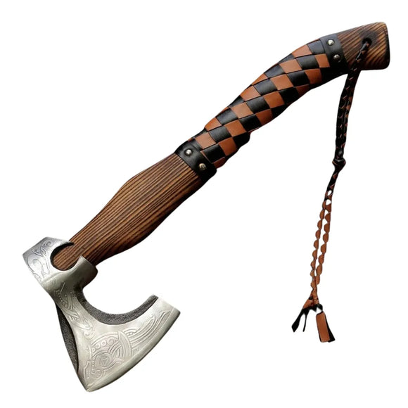 Premium Hand Forged Stainless Steel Viking Bearded Axe With Wooden Handle OEM Viking Axe Hand Leather Sheath Cover Hatchet. (Tomahawk Axe-8)