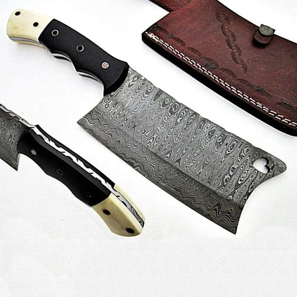 Top Quality Professional Custom Handmade Damascus Cleaver – 7-Inch Steel Blade Chef Kitchen Cleaver with Leather Sheath (Nakiri Knife-12)