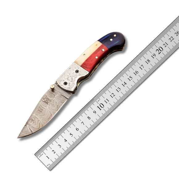 Damascus Steel Pocket Knife, Handmade Tools for Men, 6.5 Inch Pocket Folding Knives with Sheath for Camping (Folding Knife-30)