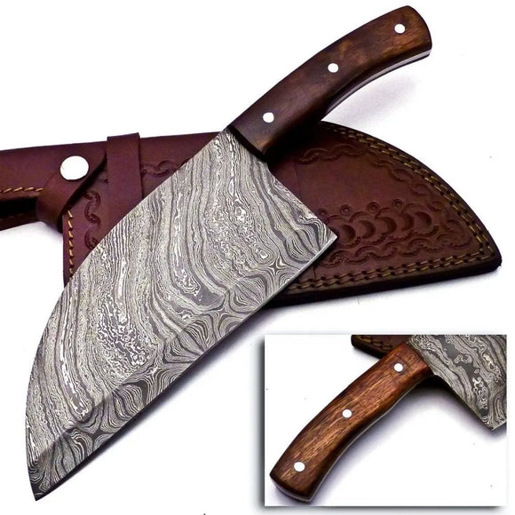 Handmade Custom Damascus Steel Sharpest Chef Cleaver with Carbon Steel Blade Kitchen Meat Cleaver with Leather Sheath (Nakiri Knife-19)