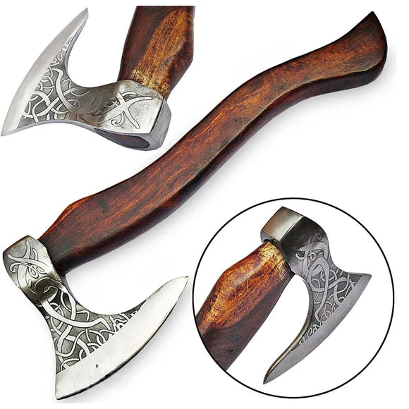 High Quality Carbon Steel Blade Damascus Axe Head Outdoor Camping Wood Handle Hand Forged with Free Leather Sheath (Tomahawk Axe-70)
