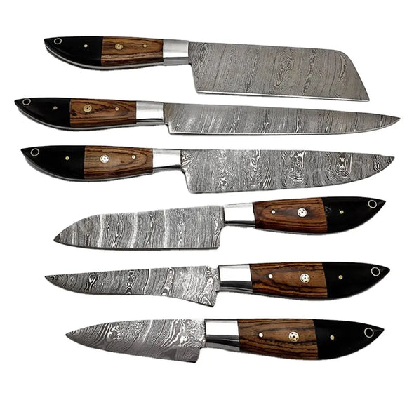 Handmade Damascus Steel Chef Knife Set 6 Pcs with Custom Stainless Steel Blade Pure Leather Sheath Sharp Cutting for Dining (Chef Knife-69)