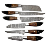 Handmade Damascus Steel Chef Knife Set 6 Pcs with Custom Stainless Steel Blade Pure Leather Sheath Sharp Cutting for Dining (Chef Knife-69)