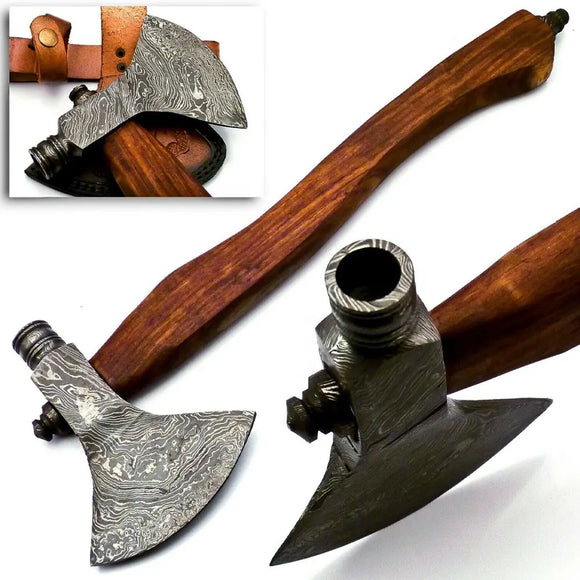 Top Quality Axe Manufacturer Damascus Steel axe Camping with Rose Wood Handle With Leather Sheath (Tomahawk Axe-30)