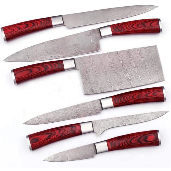 Handmade Custom Damascus Steel Chef Knife Set - Beautiful Design Multipurpose Set with Leather Sheath (Chef Knife-56)