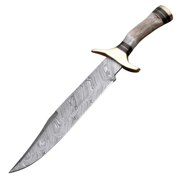 Bowie Knife for Survival – High Polished Custom Handmade Damascus Steel Bowie Knife, Perfect Grip with Premium Leather Sheath, 8-Inch Blade Length (Bowie Knife-13)
