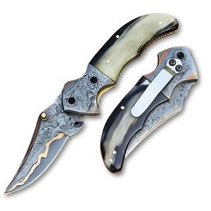 Limited Edition COPPER DAMASCUS STEEL Pocket Knife Handmade Horn Handle Folding Knife Unique and Personalized Gift (Folding Knife-7)