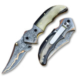 Limited Edition COPPER DAMASCUS STEEL Pocket Knife Handmade Horn Handle Folding Knife Unique and Personalized Gift (Folding Knife-7)