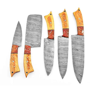 Handmade Damascus Steel Chef and Kitchen Knife Set Professional Custom with Pure Leather Sheath (Chef Knife-44)