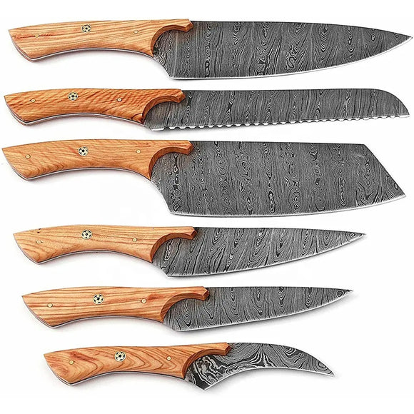 Professional Unique Design of Damascus Steel Kitchen Chef Knife Set With Knife Holder Olive Wood Handle (Chef Knife-53)