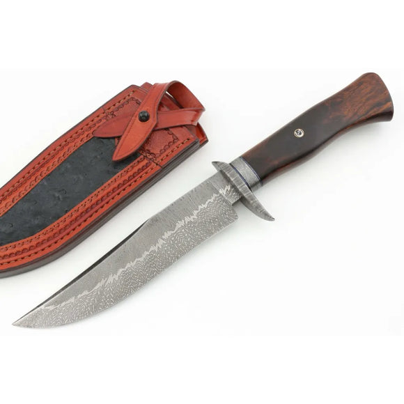 Handmade High-End Bowie Knife with San Mai Damascus Feather Texture Stainless Steel Blade Wooden Handle for Collecting Hunting (San Mai Knife-16)