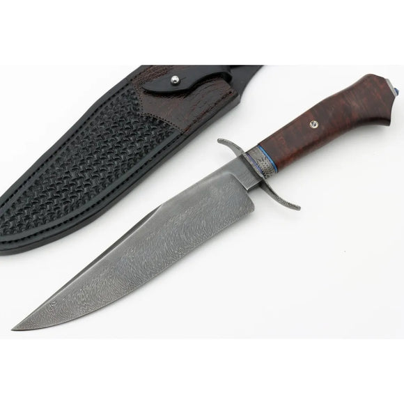 Handmade Outdoor Hunting Bowie Knife San Mai Damascus Blade Wood Handle With Leather Cover  (San Mai Knife-12)