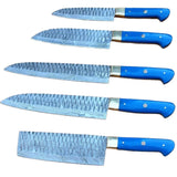 Handmade Custom Damascus Steel 5-Pcs Chef Kitchen Knife Set Includes 6pcs Stainless Steel Blades Pure Leather Sheath Cutting (Chef Knife-58)