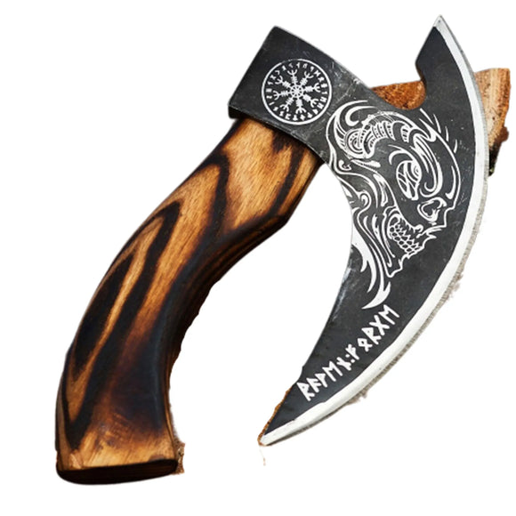 Handmade Viking Bearded Pizza Cutter Axe Damascus Steel Blade Unique Kitchen Chef Knife Design Leather Sheath Included Gift Item (Pizza Axe-24)