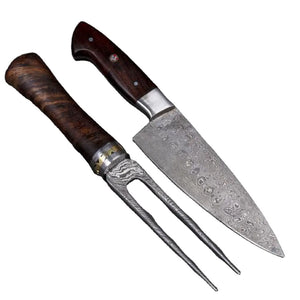 High Quality Customized Damascus Steel 2pcs Chef Kitchen Knife Fork BBQ Knife Set With Leather Sheath (Chef Knife-79)