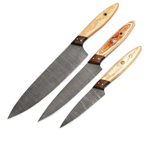 Handmade Custom Damascus 3-Pcs Chef Knife Set Stainless Steel Kitchen Knife Set with Pure Leather Sheath for Dining (Chef Knife-67)