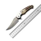 Handmade Damascus Steel Folding Pocket Knife Leather Sheath Multipurpose Hand-Forged Knife For EDC & Hunting  (Folding Knife-39)