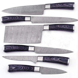 Handmade Custom Damascus Steel Chef Knife and 6-Piece Kitchen Knife Set with Pure Leather Sheath Pakka Wood Handle for Cutting (Chef Knife-55)