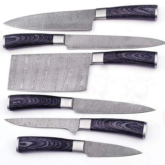 Handmade Custom Damascus Steel Chef Knife and 6-Piece Kitchen Knife Set with Pure Leather Sheath Pakka Wood Handle for Cutting (Chef Knife-55)