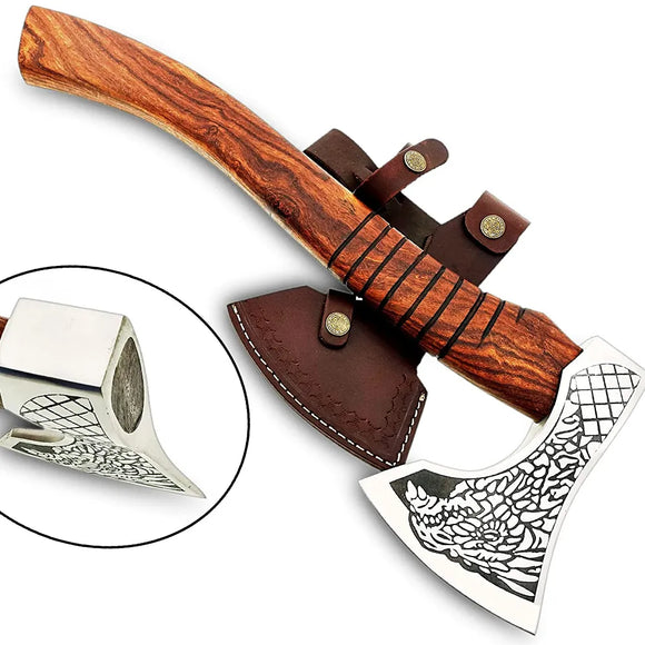 High Quality Outdoor Forged Hatchet Axe Carbon Steel Blade Wood Handle Damascus Steel Axe Head Cutting Protective Cover Included (Tomahawk Axe-71)