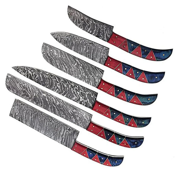 Custom Handmade Damascus 6 Pcs Chef Knife Set and Kitchen Knife Set with Pure Leather Sheath (Chef Knife-54)