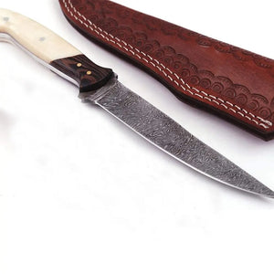 Custom Handmade Damascus Fillet Knife Damascus Steel Chef and Kitchen Knife with Pure Leather Sheath (Long Knife-3)