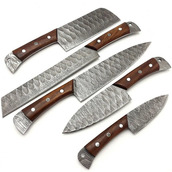 Custom Handmade High Quality Hand Forged Damascus Steel Chef Kitchen Knife Set Blade With Leather Bag (Chef Knife-19)