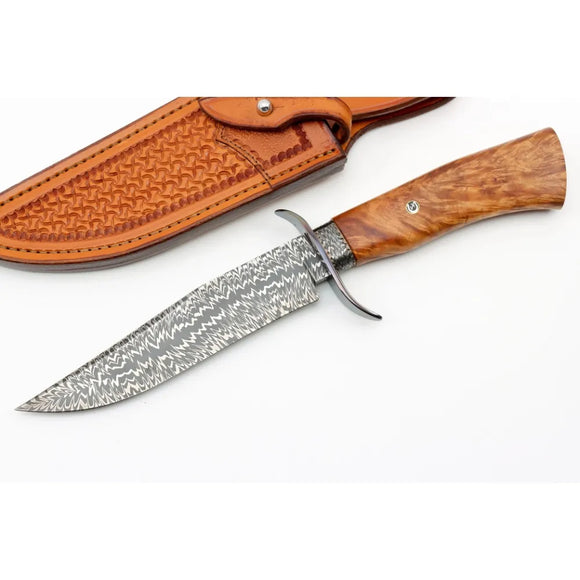 Hot Hunting Bowie Knife San Mai Damascus Blade Wooden Handle sharp Hunting Fixed Blade Knives with Leather Sheath (San Mai Knife-9)