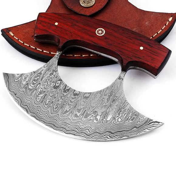 Handmade Custom Kitchen Chef Knife High Quality Damascus Steel Pizza Cutter Stainless Steel Wood Leather Sheath Fruit Food Gifts (Ullu Knife-7)