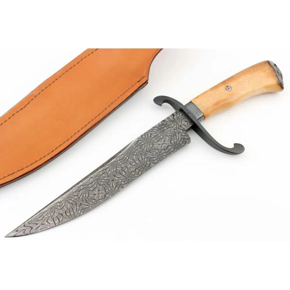 Handmade San Mai Damascus Blade Bowie Knife with Bone Handle Brown Leather Cover Beautiful Handmade  Multipurpose Knife (San Mai Knife-19)